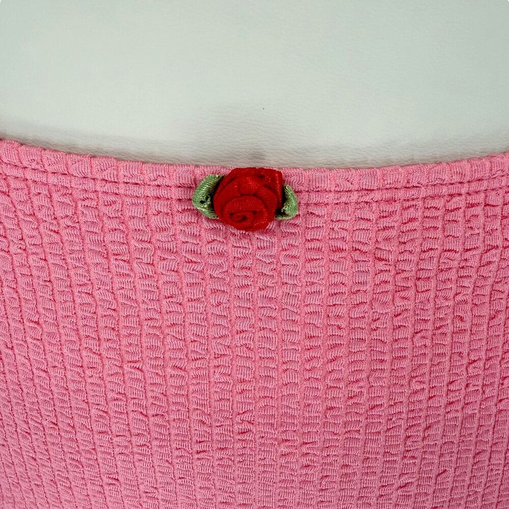 Betsey Johnson Bikini Bottom M Pink Ribbed Rosette High Waist Scrunch Resort NWT - Picture 4 of 11
